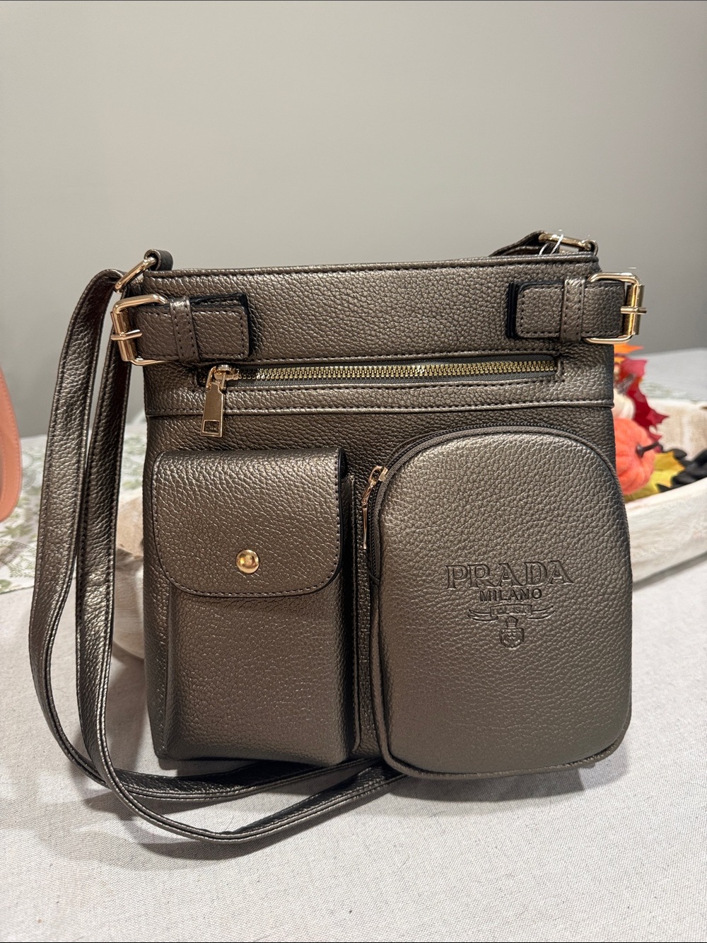 Pewter Leather Crossbody Bag with Gold Hardware